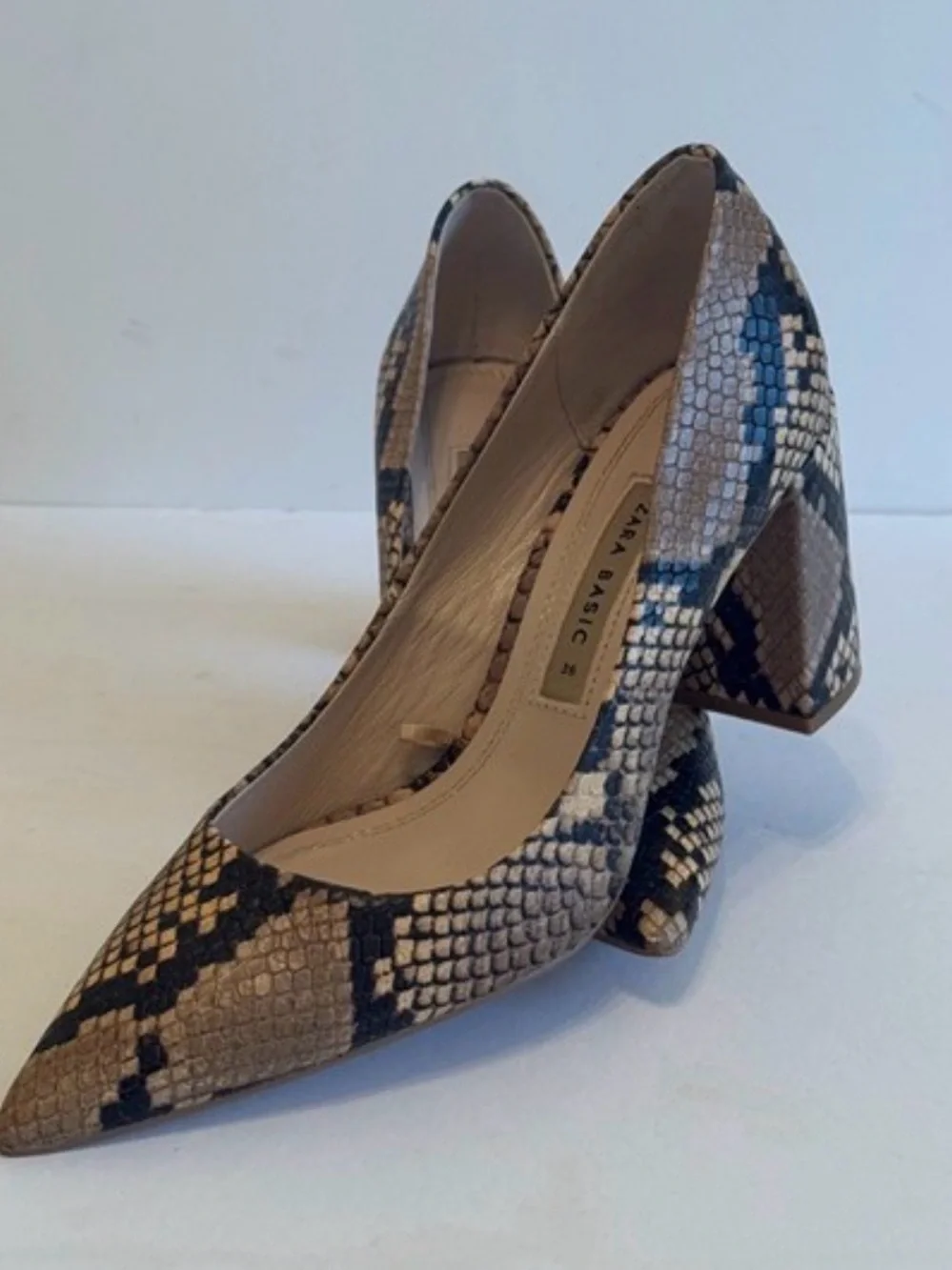 Zara Snake-Print Pointed Block Heel Pumps - Brown/Black